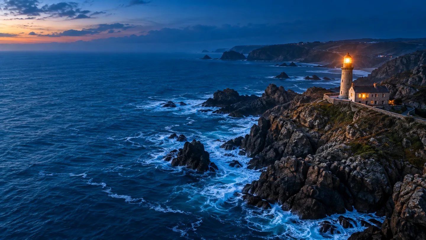 Création originale : un phare sur la côte atlantique à la tombée du jour