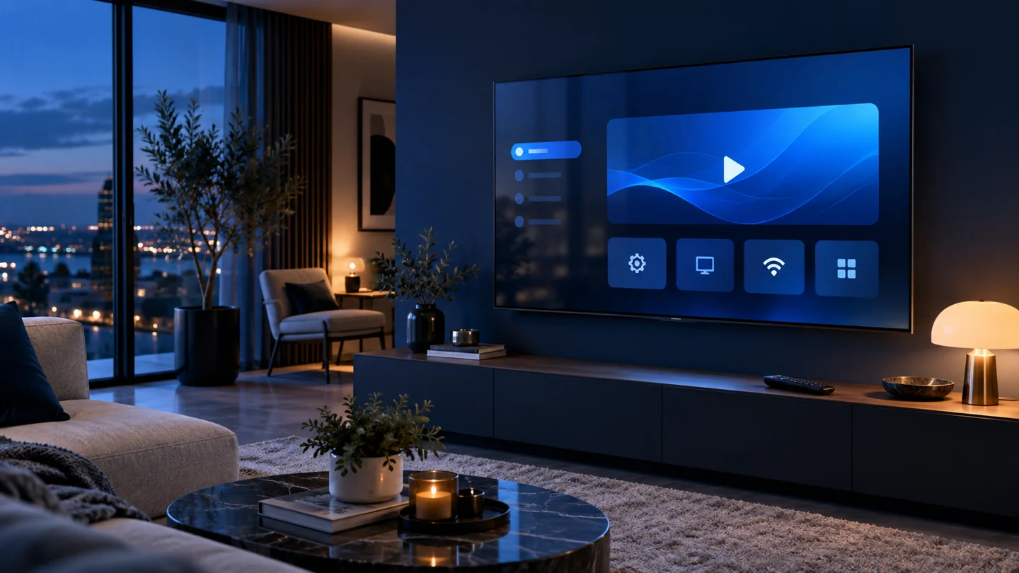 Smart TV dans un salon moderne affichant une interface de configuration générique